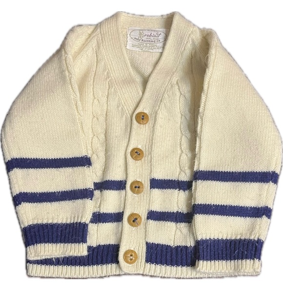 Vintage Baby boy acrylic sweater beige blue stripes Robinit May knitting co - Picture 2 of 10